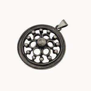 VTG Necklace Pendant Silver Tone Pewter Round Denmark Retro Whimsigoth Floral 2"